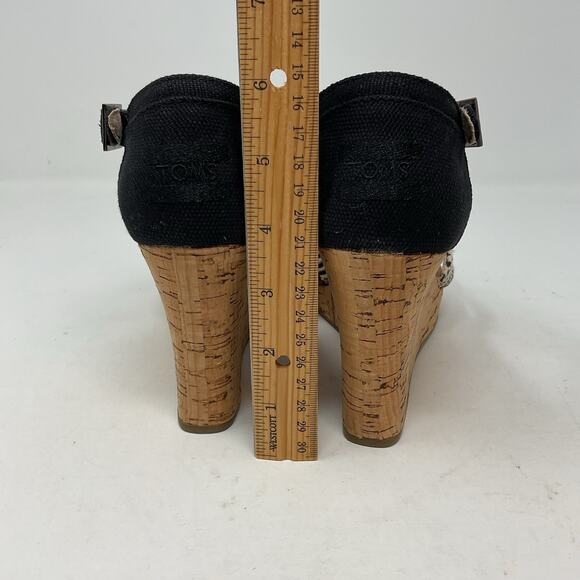Toms Sienna Wedge Sandal Womens 7.5 Black Strappy Ankle Strap Cork Platform - Picture 11 of 13